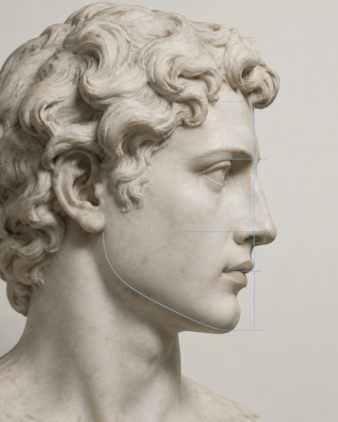 Marble sculpture of a face in profile with fine proportion lines marking facial thirds