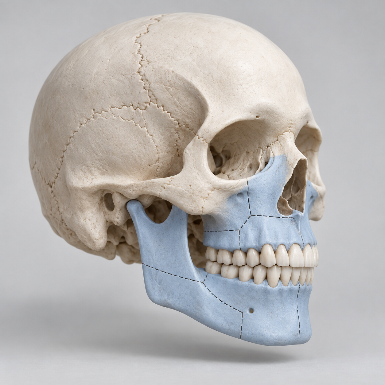 Three-dimensional render of a skull with the upper and lower jaws highlighted in blue