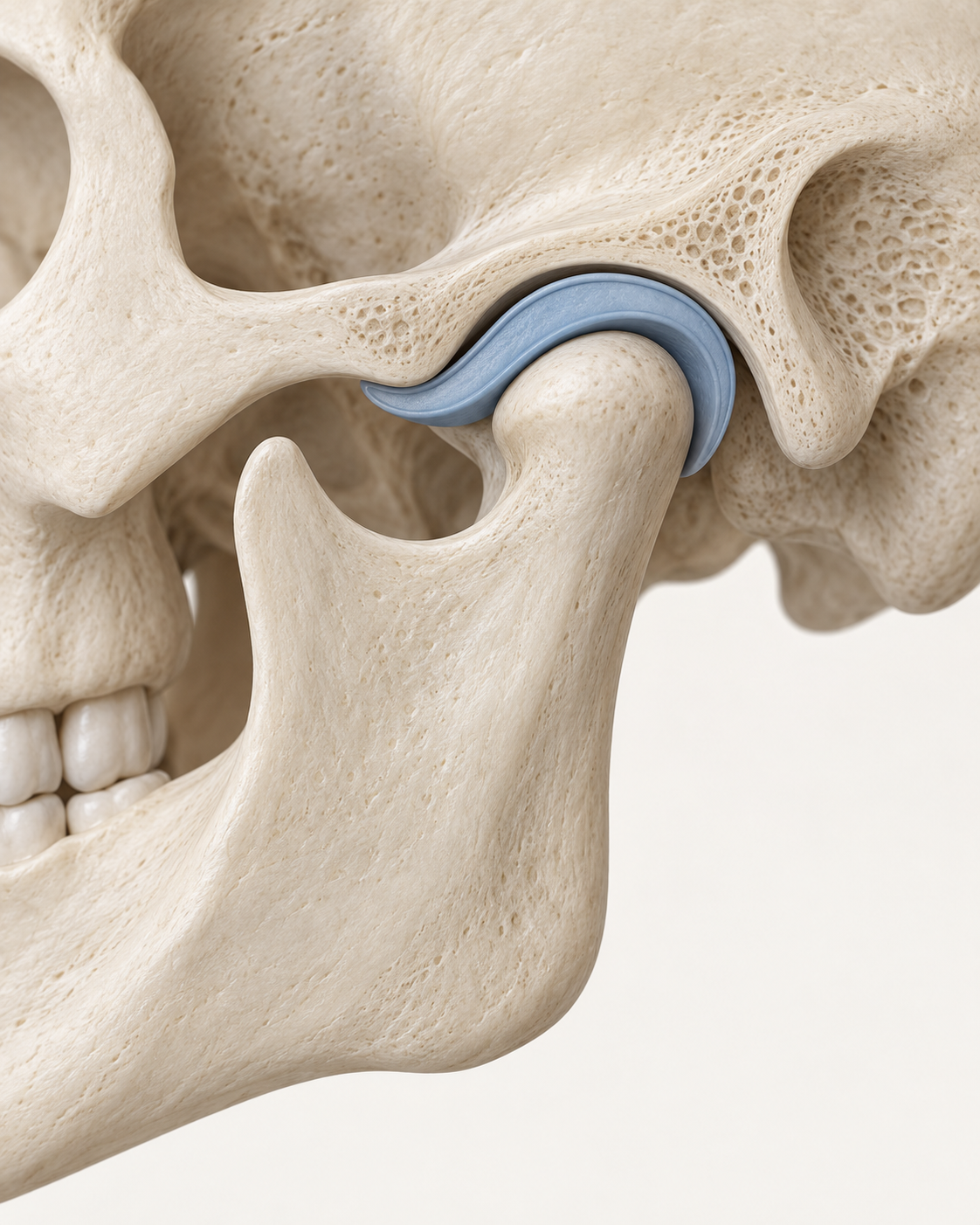 Anatomical render of the temporomandibular joint showing the condyle and articular disc