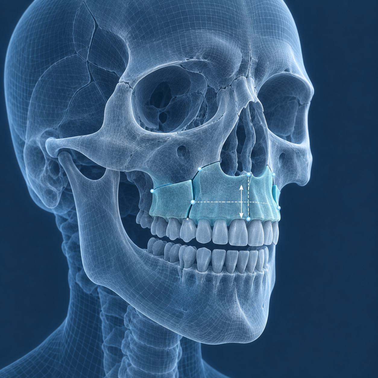 Translucent 3D facial skeleton with the upper jaw segment highlighted and measurement lines indicating planned movement